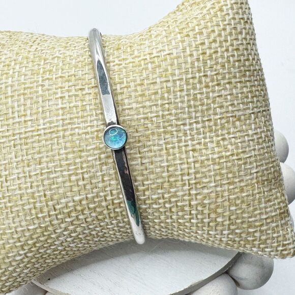 Vtg Sterling Silver Cuff Lab Created Opal Cabochon Thin Cuff Bracelet Southwest - Picture 8 of 13